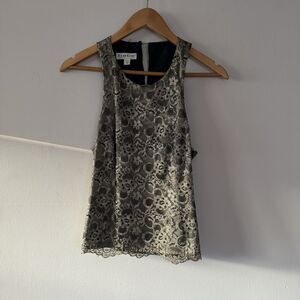 Vintage 90s BEBE Black Mesh Gold Lace Corset Cami Top Full Zip Keyhole Cutout S